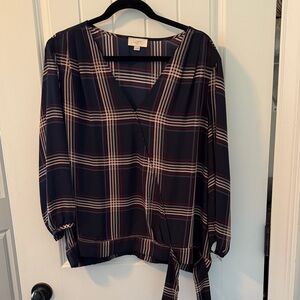 Loft Plaid Blouse with Elastic Bottom and Tie Detail, XL, Never Worn